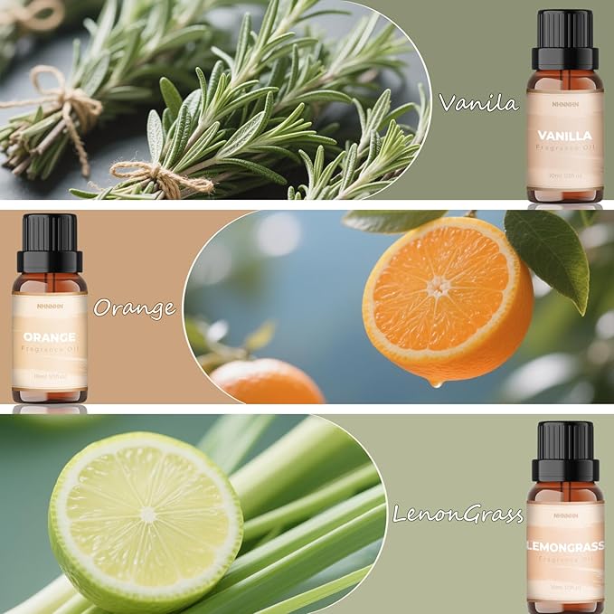 Essential Oils for Diffuser and Home, Top 6 Aromatherapy Oils Gift Set, Pure Aromatherapy Diffuser Oil with Eucalyptus, Peppermint, Lavender, Vanilla, Orange, Lemongrass