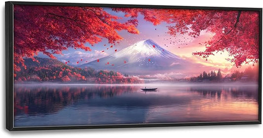 Japanese Mountain Lake Large Wall Art Pink Japan Pictures Wall Decor Nature Landscape Big Canvas Painting Prints Framed Artwork Home Decorations Above Bed for Bedroom Living Room Dining Room 60"x30"