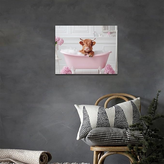 Bathroom Cow Wall Art Highland Cow Wall Decor Pink Pictures Canvas Painting Framed Artwork Home Decorations for Toilet Lavatory Living Room Bedroom 16"x12"