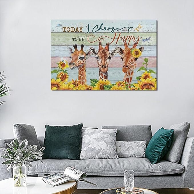 Giraffe Bathroom Decor Wall Art Sunflower Wall Decor Giraffe Canvas I Choose Happy Prints Painting Framed Artwork for Bathroom living room Bedroom 24"x16"