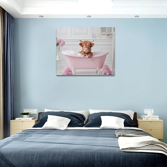 Bathroom Cow Wall Art Highland Cow Wall Decor Pink Pictures Canvas Painting Framed Artwork Home Decorations for Toilet Lavatory Living Room Bedroom 20"x16"