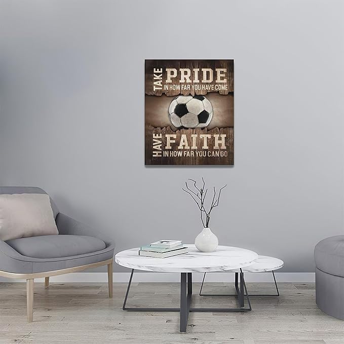 Fleruku Rustic Soccer Wall Art Sports Wall Decor Inspirational Quotes Brown Pictures Soccer Sign Canvas Painting Artwork Home Decorations for Boy Man Teenager Fans Bedroom Living Room 20"x24"