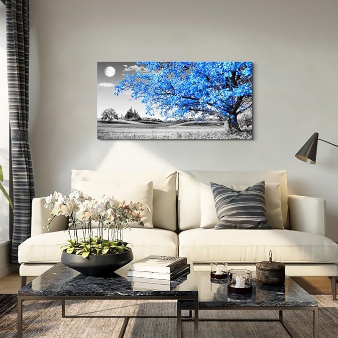 wall art for living room Simple Life Blue moon tree landscape Abstract painting office Wall Decor 20" x 40" single Pieces Canvas Prints Ready to Hang for Home Decoration Black and white Works of art