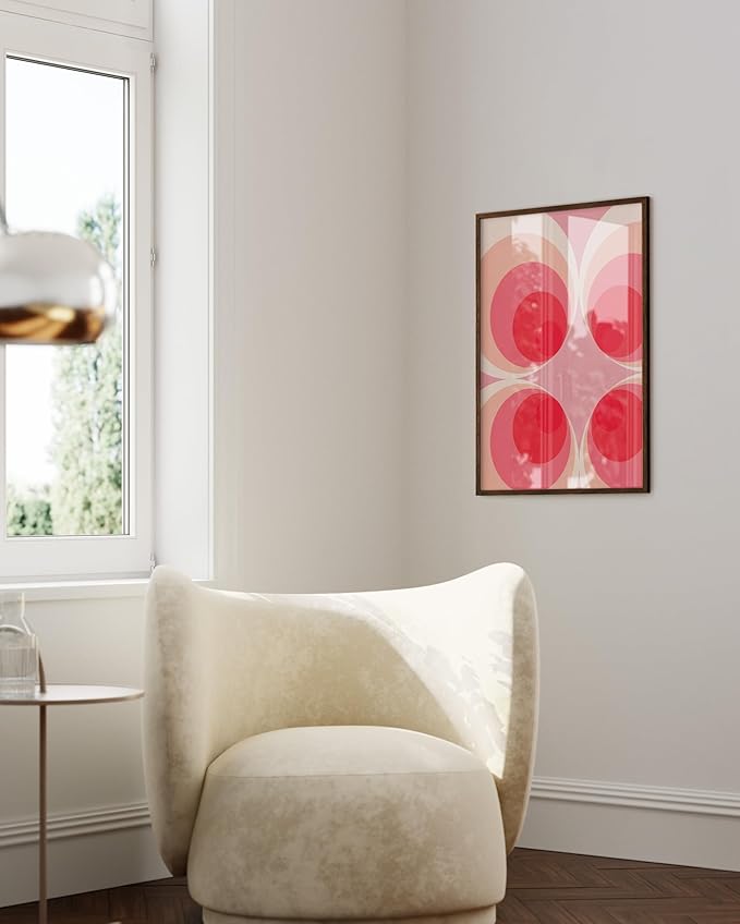 HAUS AND HUES Colorful Abstract Wall Art - Minimalist Retro Picture for Living Room Decor, Red and Pink Modern Wall Art Painting (Pink Mod, Walnut Frame, 24x36)