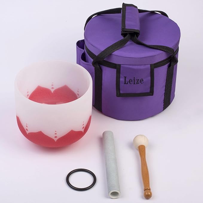 Leize Quartz Crystal Singing Bowl Lotus Design C Note Root Chakra White 10" with Heavy Duty Carrying Case Suede Striker