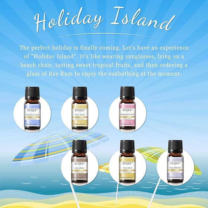 Summer Fragrance Oil Gift Set of 6，Holiday Island Essential Oils Set for Humidifier, Aromarathepy-Pineapple, Coconut, Sea Breeze, Bubble Gum, Bay Rum, Marshmallow(10ml)