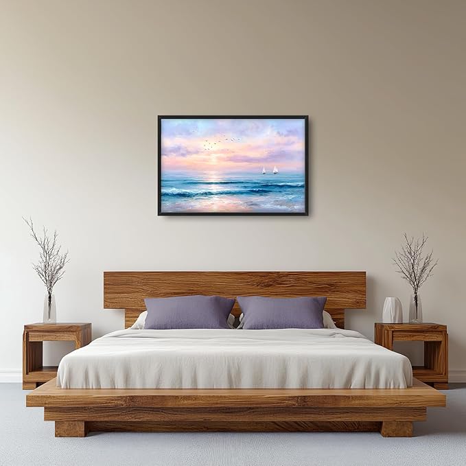 Glocmna Large Wall Art for Living Room Ocean Beach Wall Decor Nautical Sunrise Seascape Canvas Big Coastal Landscape Painting Print Artwork Framed Artwork Decorations Gifts for Bedroom Home Office Hotel 24"x36"