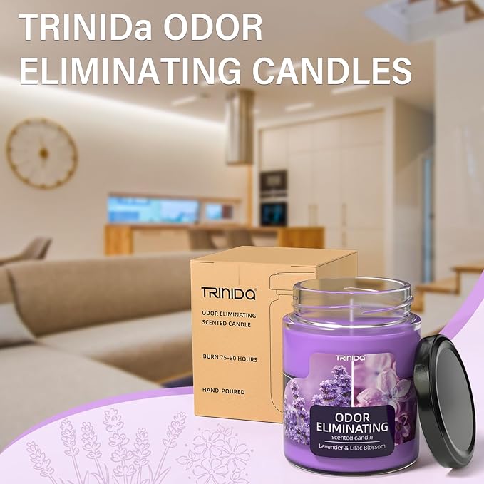 Lavender & Lilac Blossom Odor Eliminating Candles for Home Scented, Eliminates 99% of Pet, Smoke, Food and Other Smells Quickly, Highly Fragranced Candle, Premium Soy Candles Set for Women