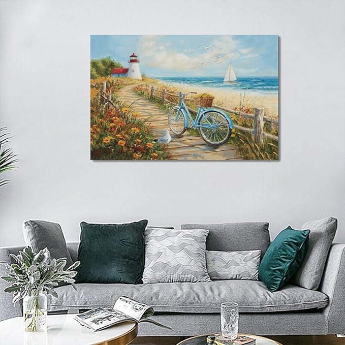 Olivine Coastal Wall Art, Beach Bicycle Pictures Wall Decor, Lighthouse Painting, Ocean Seascape Canvas Prints, Framed Artwork for Living Room Bedroom Bathroom Kitchen Office Home Decoration 24"x16"
