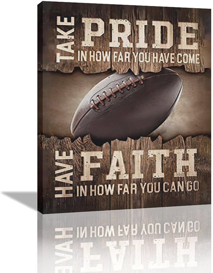Fleruku Rustic Football Wall Art Sports Wall Decor Inspirational Quotes Brown Pictures Football Sign Canvas Painting Artwork Home Decorations for Boy Man Teenager Fans Bedroom Living Room 20"x24"