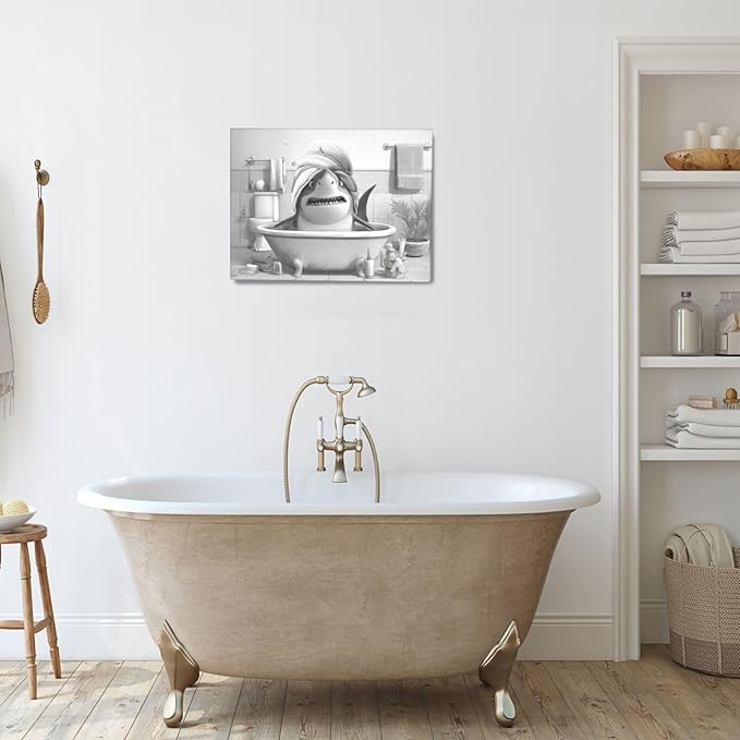 Funny Shark Bathroom Decor Wall Art Black and White Bathroom Pictures Painting Canvas Framed Toilet Humor Artwork Restroom Home Decoration Gifts for Women Girl 12"x16"