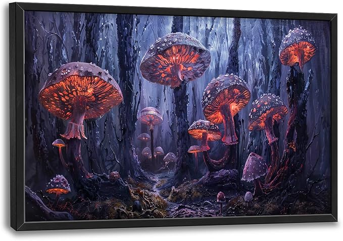 Large Mushroom Framed Wall Art for Living Room Forest Mushroom Canvas Wall Decor Rustic Pictures Print Painting Artwork Modern Home Decorations for Bedroom Office 36x24 inch