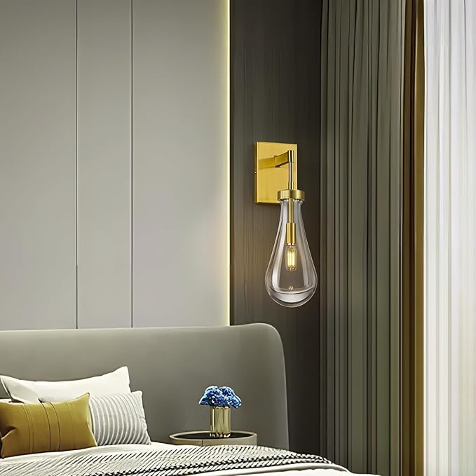 Raindrop Wall Sconces Gold Sconces Wall Decor Modern Brass Wall Lighting Glass Bathroom Sconces Indoor Vanity Light Wall Lamp for Bedroom Living Room Stair (1 Pack)