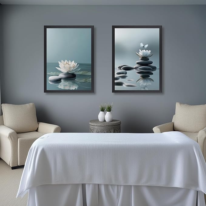 GELDSTEI Calm Zen Botanical Canvas Wall Art, White Lotus Blooming on Stones in Water Aesthetic Pictures, Yoga Spa Meditation Room Decor, Modern Spiritual Poster Prints for Zen Wood Framed 16"x24"x3
