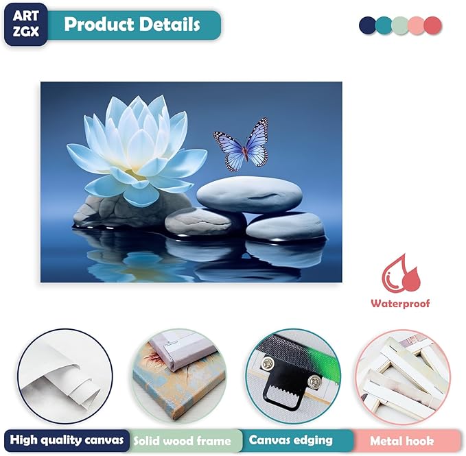 ARTZGX Blue Zen Wall Art Lotus Flower Canvas Spa Stone Pictures for Bathroom Wall Decor Meditation Butterfly Painting Frame(Zen - A 20.00" x 30.00")