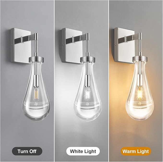 Raindrop Wall Sconces Chrome Sconces Wall Decor Modern Brass Wall Lighting Glass Bathroom Sconces Indoor Vanity Light Wall Lamp for Bedroom Living Room Stair (1 Pack)
