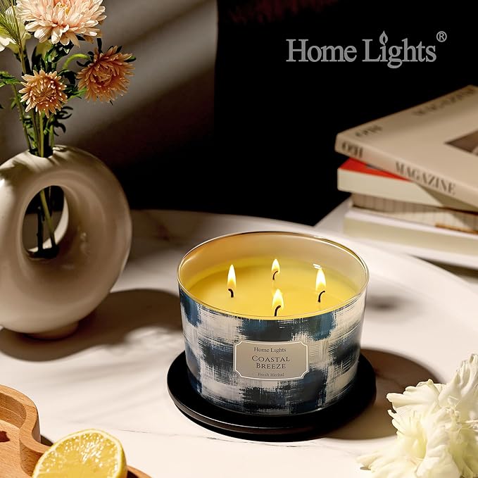 HomeLights Large jar Candle | 4-Wick Long-Lasting Scented Candles, 18oz Natural Soy Wax Candle for Home Scented, Scandinavian Minimalist Design Gifts for Women & Men, Coastal Breeze