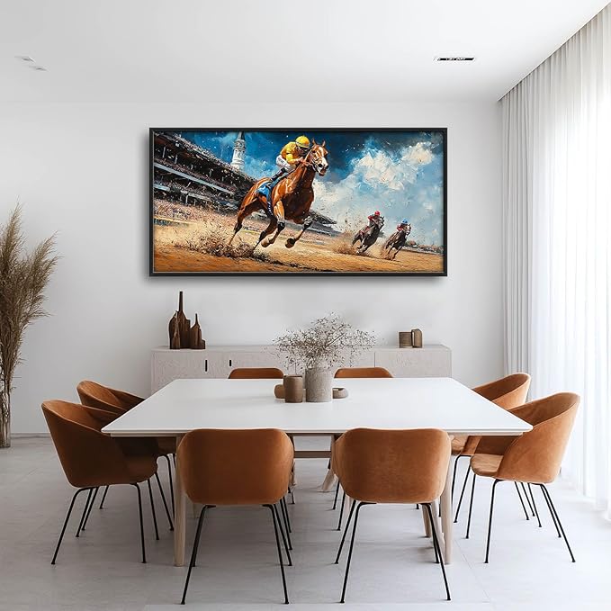 Horse Race Large Wall Art Horse Running Pictures Wall Decor Arena Canvas Animal Print Painting Modern Artwork Home Decoration for Living Room Bathroom Bedroom Office Framed 60"x30"