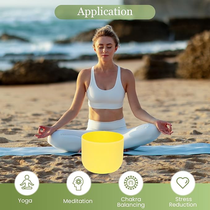432HZ 8 Inchs E Note Yellow Frosted Crystal Singing Bowl for Meditation Healing Yoga Chakra Quartz Crystal Sound Bowls with Heavy Duty Carry Case and Rubber Mallet,Suede Striker,O-rings