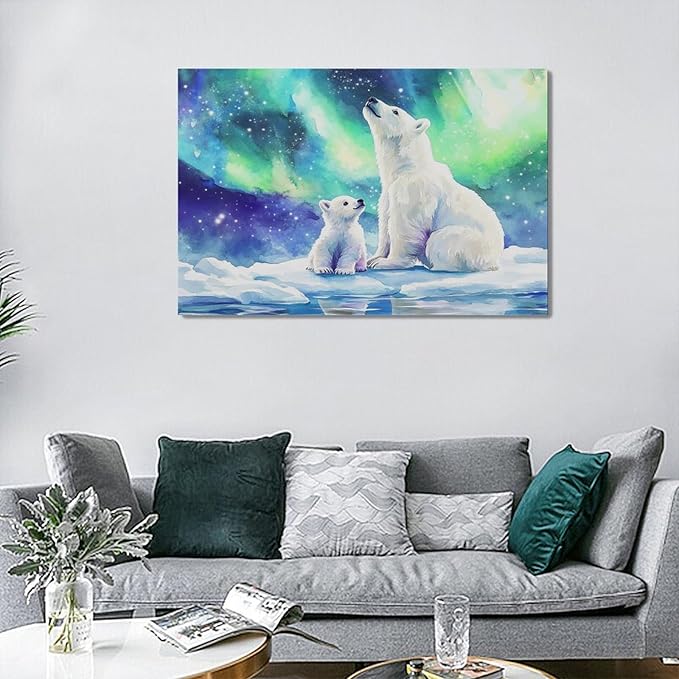 Olivine Polar Bear Wall Art, Northern Lights Pictures Wall Decor,Watercolor Polar Landscape Canvas Prints Paintings, Framed Artwork for Bathroom Bedroom Living Room Office Home Decoration 24"x16"