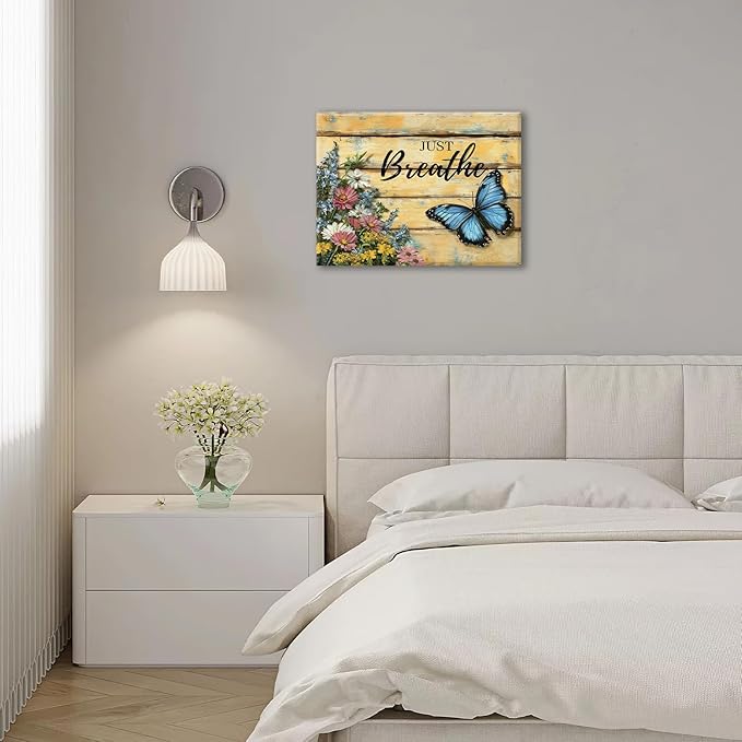 Olivine Butterfly Wall Art, Butterflies Flower Pictures Wall Decor, Just Breathe Painting, Vintage Farmhouse Canvas Prints, Framed Artwork for Living Room Bedroom Bathroom Kitchen Office Home 16"x12"