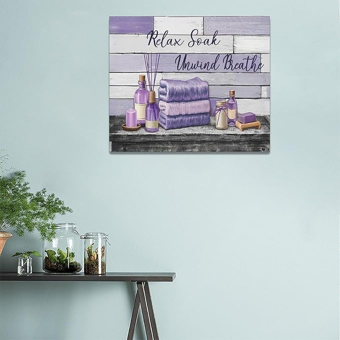 Farmhouse Bathroom Wall Art Relax Soak Unwind Breathe Wall Decor Rustic Bathroom Pictures Canvas Painting Framed Artwork Purple Country Home Decorations for Toilet Lavatory 24"x20"