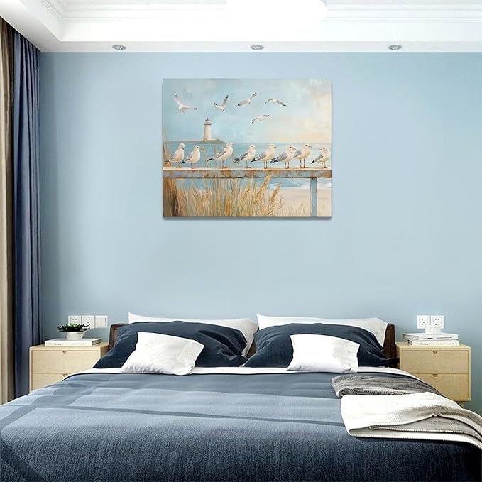 Olivine Beach Wall Art, Coastal Seagull Lighthouse Bathroom Pictures, Nautical Canvas Prints Painting for Living Room Bedroom Dinning Room Kitchen 20x16 Inch Framed