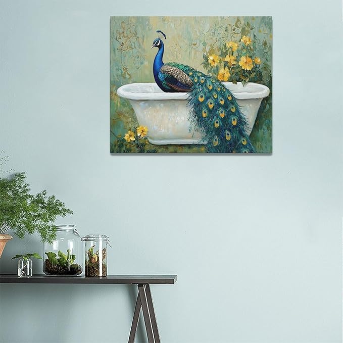 Fleruku Vintage Peacock Wall Art Elegance Bathroom Wall Decor Green Peacock Pictures Canvas Painting Artwork Home Decorations for Living Room Bedroom Office 24"x20"