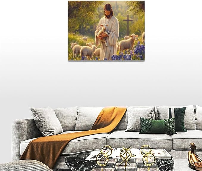 Fleruku Jesus Lamb Wall Art Christ Christian Wall Decor Jesus Religious Sign Pictures Canvas Painting Artwork Home Decorations for Living Room Bedroom Bathroom Office 16"x12"