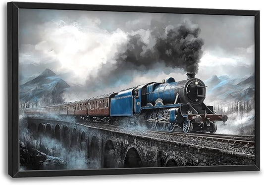 Kylora Train Wall Art Blue Gray Train Pictures Wall Decor Prints Modern Artwork Bridge Painting Home Office Decorations For Kitchen Bathroom Bedroom Dining Living Room 36"x24"