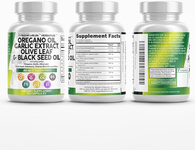Clean Nutraceuticals Oregano Oil Garlic Extract Olive Leaf Black Seed Oil - Immune Support & Digestive Health Supplement for Women and Men with Vitamin D3 & Zinc - 2Pack