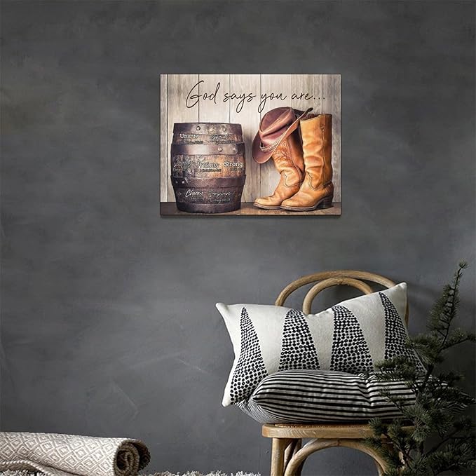 God says you are decor wall art western cowboy canvas Pictures cowboy boots Wall Decor Christian Canvas Prints Painting Framed Artwork for Bathroom living room Bedroom 16"x12"