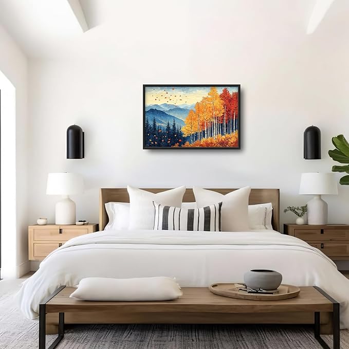 Fall Maple Leaf Large Wall Art Autumn Leaves Pictures Wall Decor Mountain Canvas Landscape Painting Modern Artwork Home Decoration for Living Room Bathroom Bedroom Office Framed 36"x24"