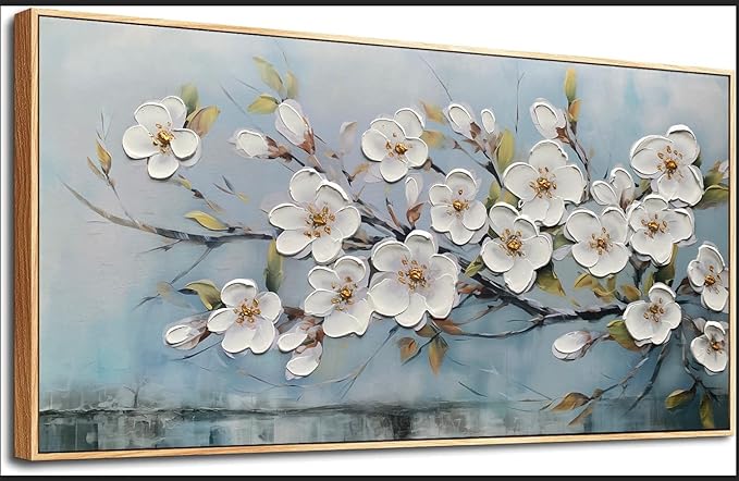 Anolyfi Large White Textured Flowers Wall Art for Living Room Canvas Painting, Modern Elegant Landscape Artwork for Bedroom Hallway Kitchen Office Home Decor, Wood Framed 58"x29"