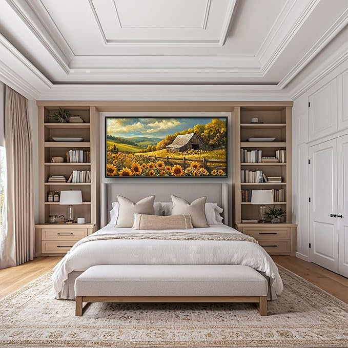 SweetFox Extra Large Barn Sunflower Framed Wall Art for Living Room, Farmhouse Barn Pictures Oversized Wall Decor Abstract Big Canvas Painting Print Artworks for Bathroom Master Bedroom 60L X 30W