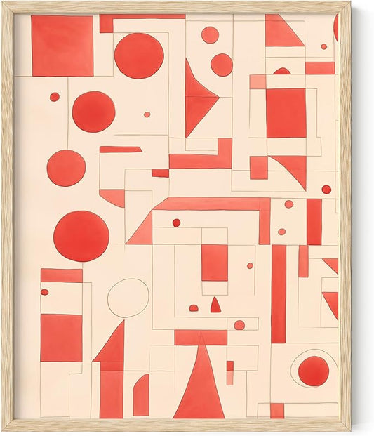 HAUS AND HUES Colorful Abstract Wall Art - Minimalist Retro Picture for Living Room Decor, Red and Pink Modern Wall Art Painting (Red Geometric, Beige Frame, 16x20)