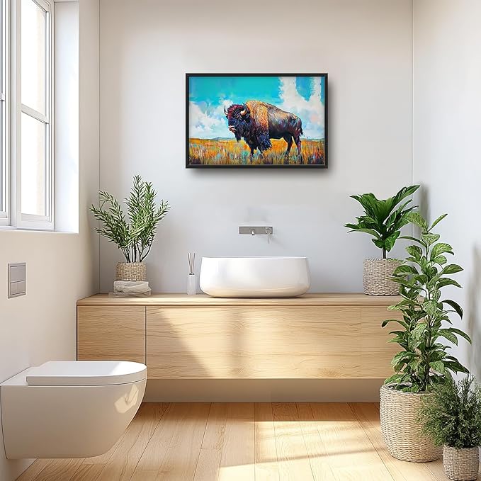 SweetFox Extra Large Colorful Western Bison Framed Wall Art for Living Room, Bison Pictures Oversized Wall Decor Abstract Big Canvas Painting Print Artworks for Bathroom Master Bedroom 36L X 24W