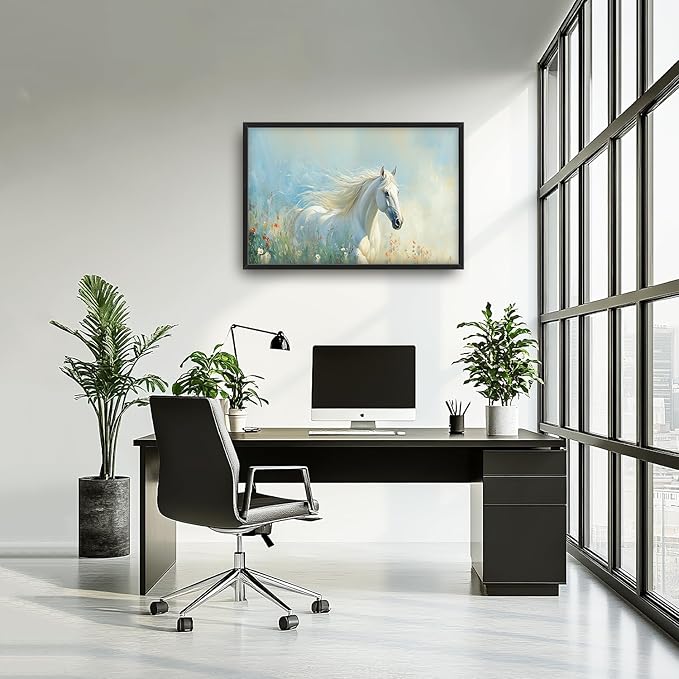 SweetFox Extra Large White Horse Framed Wall Art for Living Room, Horse Wildflower Pictures Oversized Wall Decor Abstract Big Canvas Painting Print Artworks for Bathroom Master Bedroom 36L X 24W