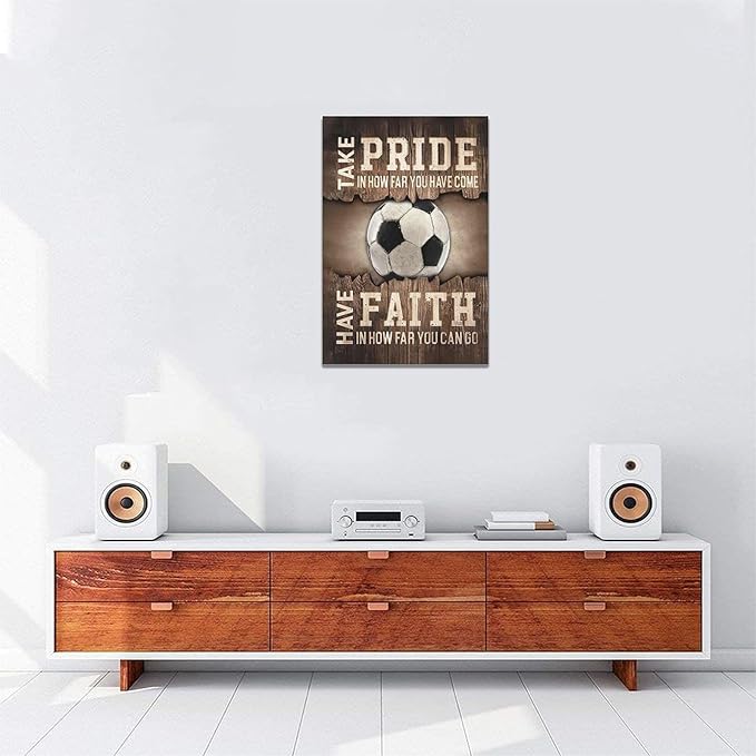 Fleruku Rustic Soccer Wall Art Sports Wall Decor Inspirational Quotes Brown Pictures Soccer Sign Canvas Painting Artwork Home Decorations for Boy Man Teenager Fans Bedroom Living Room 16"x24"