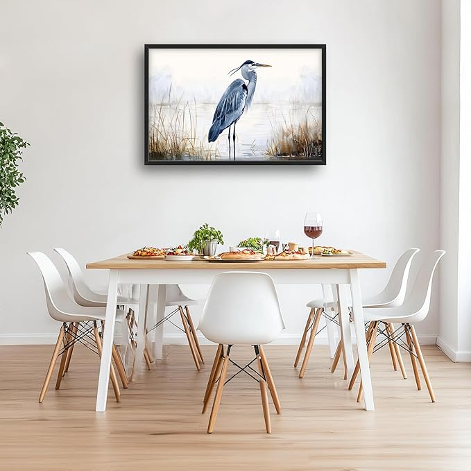 Heron Wall Art Blue Bird Pictures Wall Decor Chinoiserie Coastal Extra Large Canvas Prints Framed Artwork Paintings Home Office Decorations For Living Room Bedroom Dinning Room 36"x24"