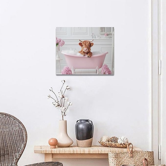 Bathroom Cow Wall Art Highland Cow Wall Decor Pink Pictures Canvas Painting Framed Artwork Home Decorations for Toilet Lavatory Living Room Bedroom 20"x16"