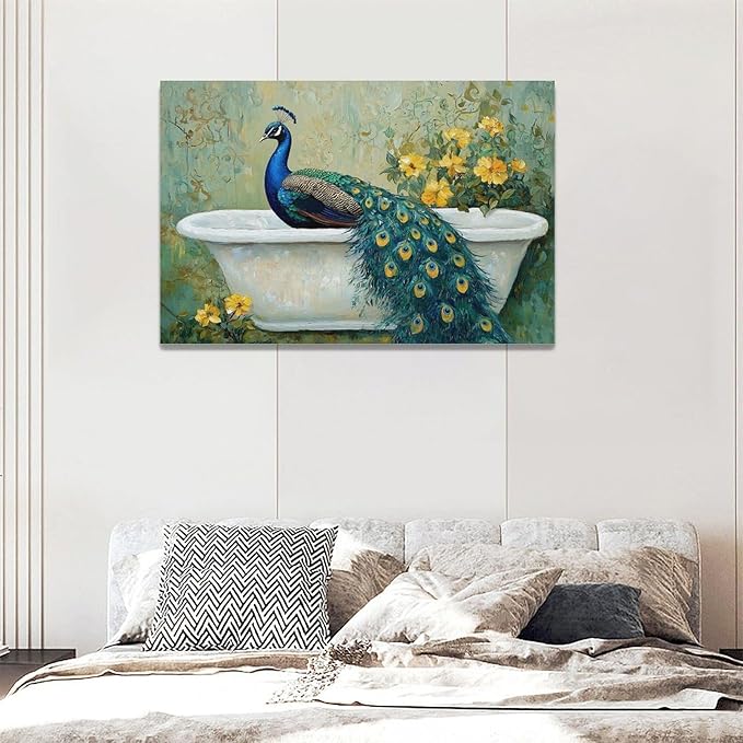 Fleruku Vintage Peacock Wall Art Elegance Bathroom Wall Decor Green Peacock Pictures Canvas Painting Artwork Home Decorations for Living Room Bedroom Office 24"x16"