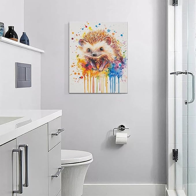 Fleruku Watercolor Hedgehog Wall Art Colorful Hedgehog Wall Decor Cute Animal Pictures Canvas Painting Artwork Home Decorations for Living Room Bedroom Bathroom Office Nursery Classroom 16"x20"