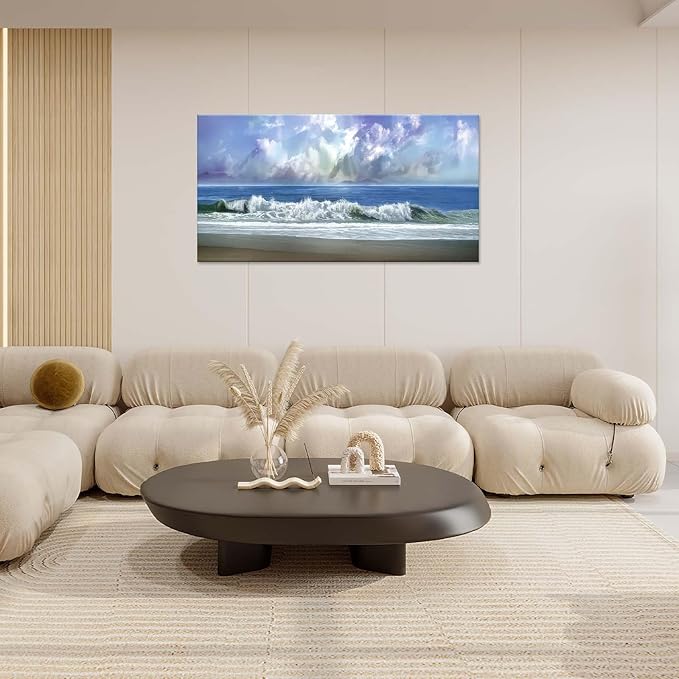Bogosip Blue Ocean Wall Art Decor Beach Picture for Wall White Wave Painting Seascape Theme Large Canvas Print Modern Frame Artwork for Bedroom Bathroom Living Room Office 60"x30"