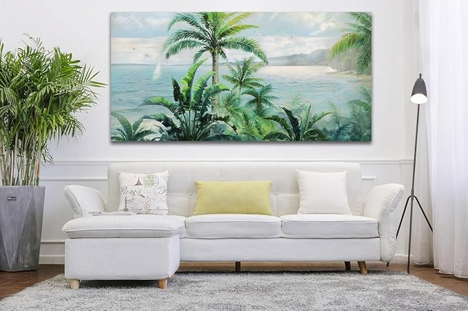 Anolyfi Palm Tree Picture Green Tropical Wall Art for Living Room Landscape Large Canvas Painting Nature Seascape Textured Artwork Framed Bedroom Kitchen Hallway Office Home Decor 58"x29"