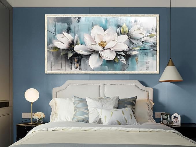 Ardemy Rustic Flower Wall Art Framed White Floral Canvas Painting Magnolia Textured Picture Teal Grey Artwork for Living Room Bedroom Dining Room Home Office Wall Decor, Large 48"x24"
