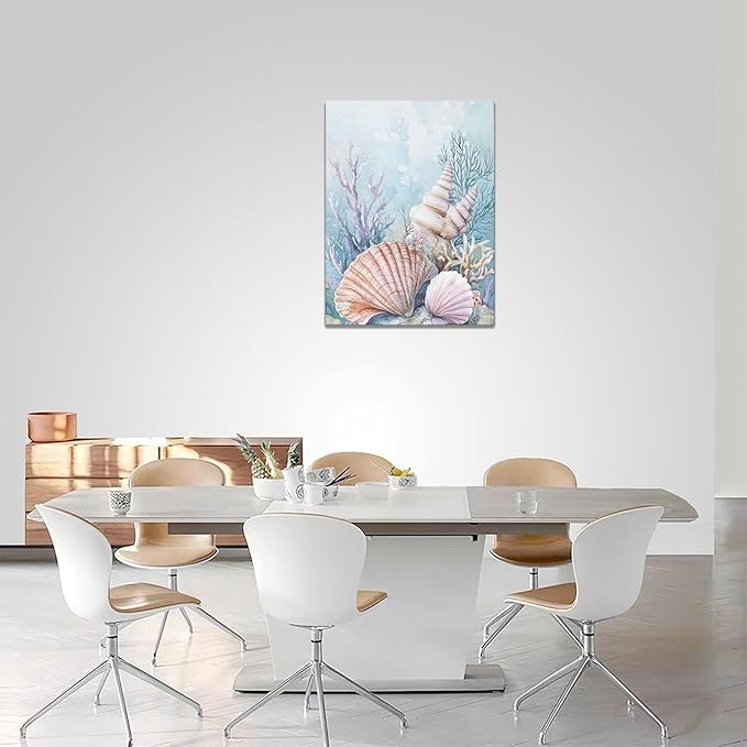 Fleruku Beach Coral Shells Wall Art Nautical Sea Wall Decor Ocean Pictures Canvas Painting Artwork Home Decorations for Living Room Bedroom Bathroom Office Nursery 12"x16"