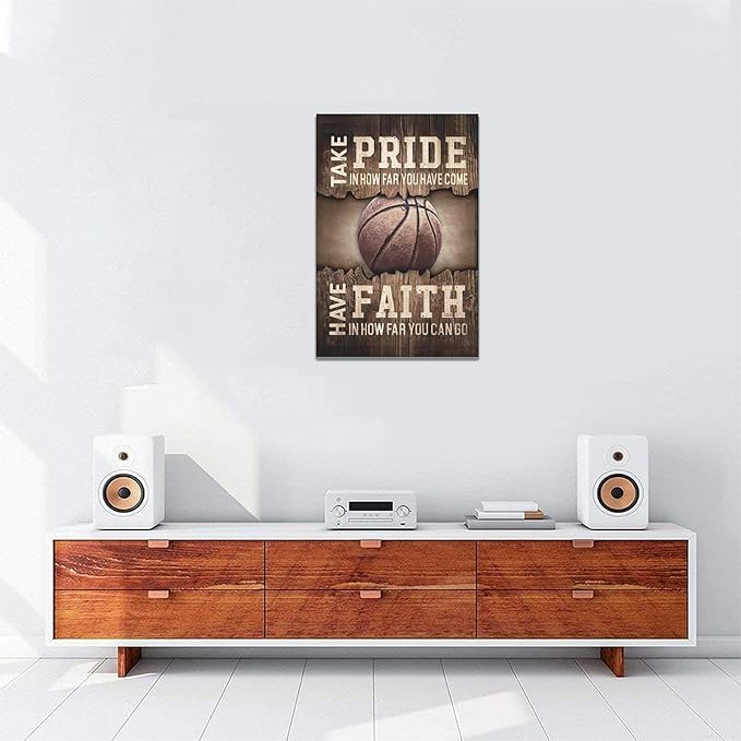 Fleruku Rustic Basketball Wall Art Sports Wall Decor Inspirational Quotes Brown Pictures Basketball Sign Canvas Painting Artwork Home Decorations For Boy Man Teenager Fans Bedroom Living Room 16"x24"