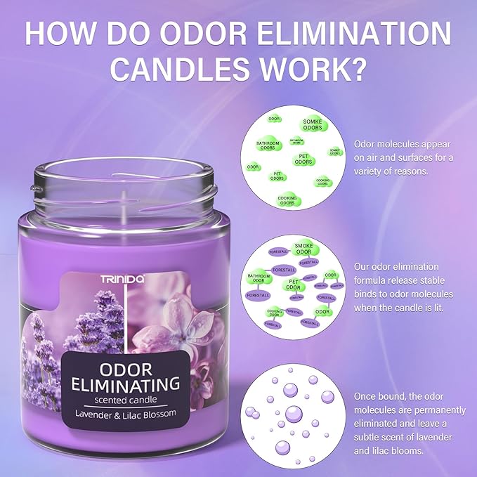 Lavender & Lilac Blossom Odor Eliminating Candles for Home Scented, Eliminates 99% of Pet, Smoke, Food and Other Smells Quickly, Highly Fragranced Candle, Premium Soy Candles Set for Women
