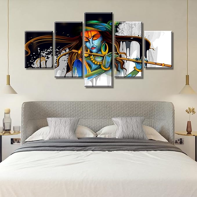 DJSYLIFE Large 5 Piece Hindu God Krishna Wall Decor Canvas Printed for Living Room Decorative Indian Painting Modern Home Decor Stretched and Framed Ready to Hang 60" Wx32 H